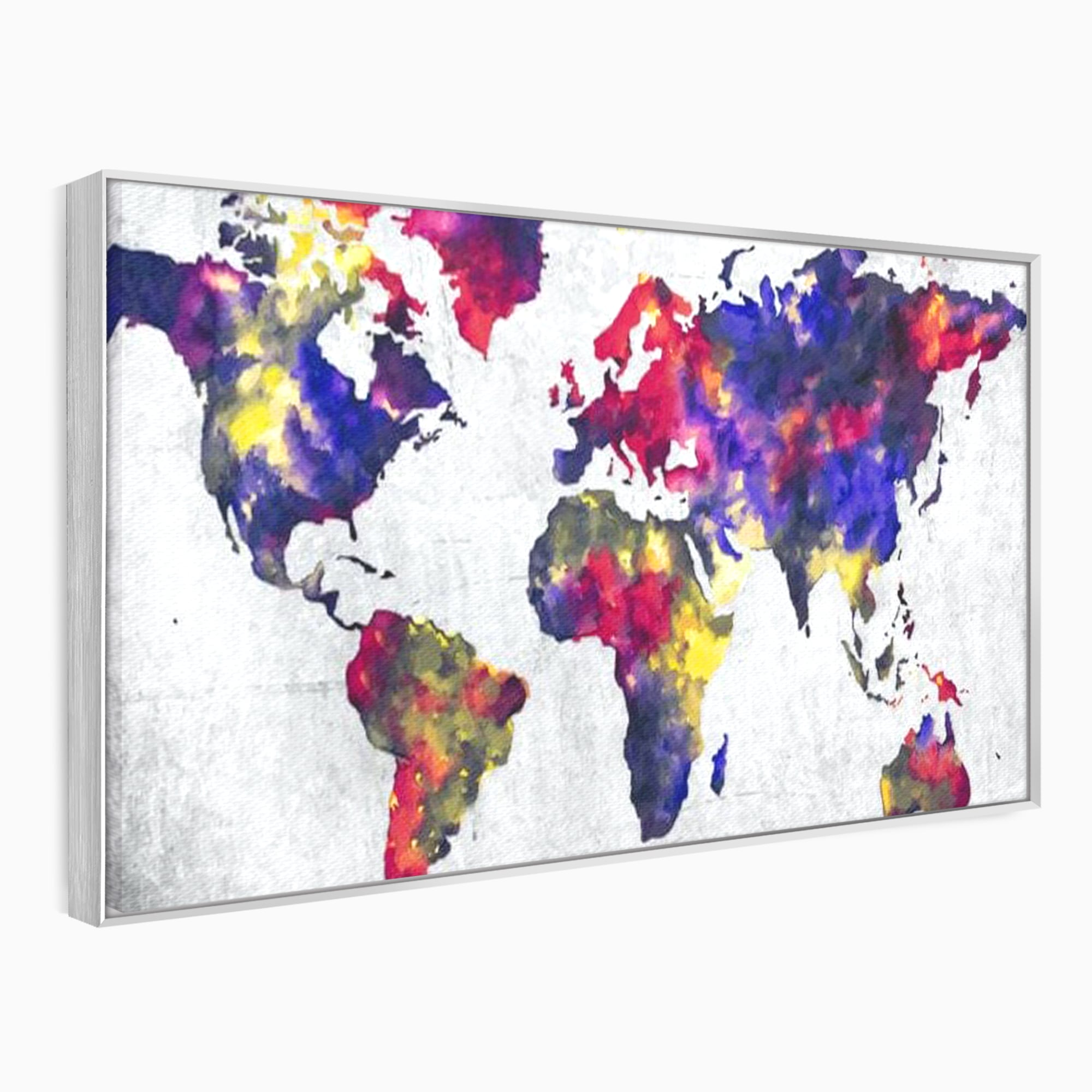 Tablou canvas cu tablou canvas cu harta lumii in acuarela, in rama de aluminiu argintiu